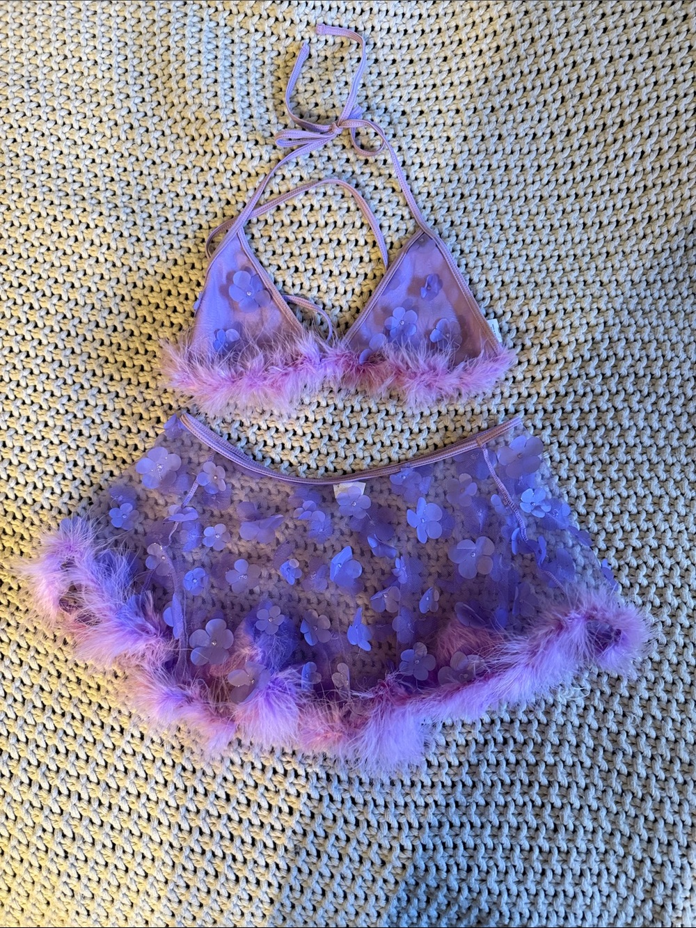 Lilac Floral Mesh Triangle Bralette and Skirt Lingerie Set